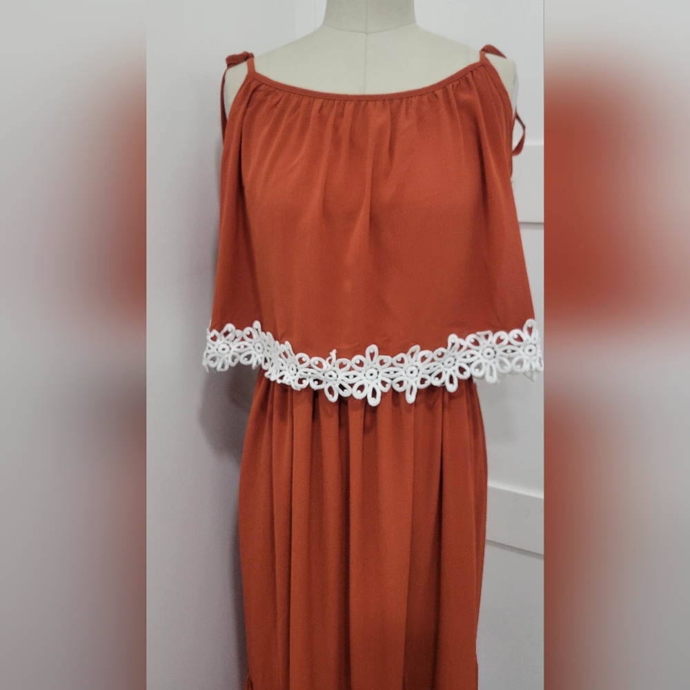 Fashion Women's Spaghetti Straps Maxi/ Midi Brick Red A-line Dress Size XL Boho - Picture 2 of 10